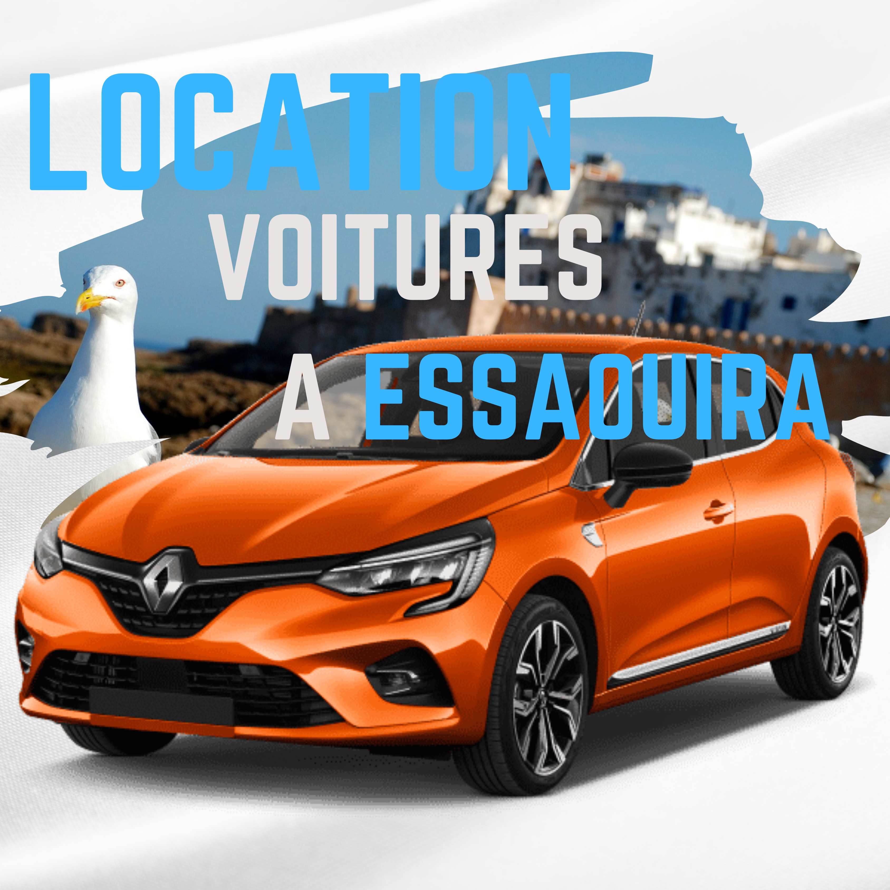 Location voiture Essaouira - Renault Clio avec port et médina d'Essaouira, ville des Alizés, service de location de voitures à Essaouira